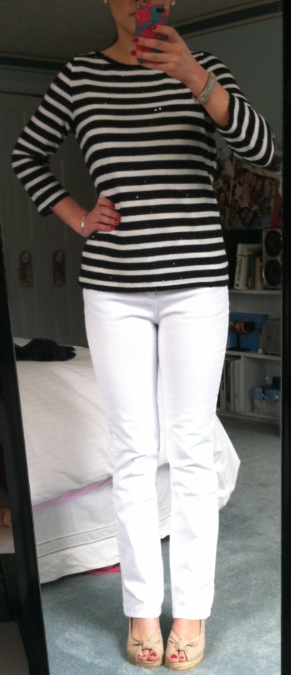 Talbots Sequin Stripe Tee, Talbots Slimming Colored Jeans in White, Talbots peep-toe sling-back espadrilles (summer 2012)